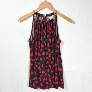 Michael Kors Top M Black & Red Heart Print Halter Gold Chain Accent Sleeveless‎